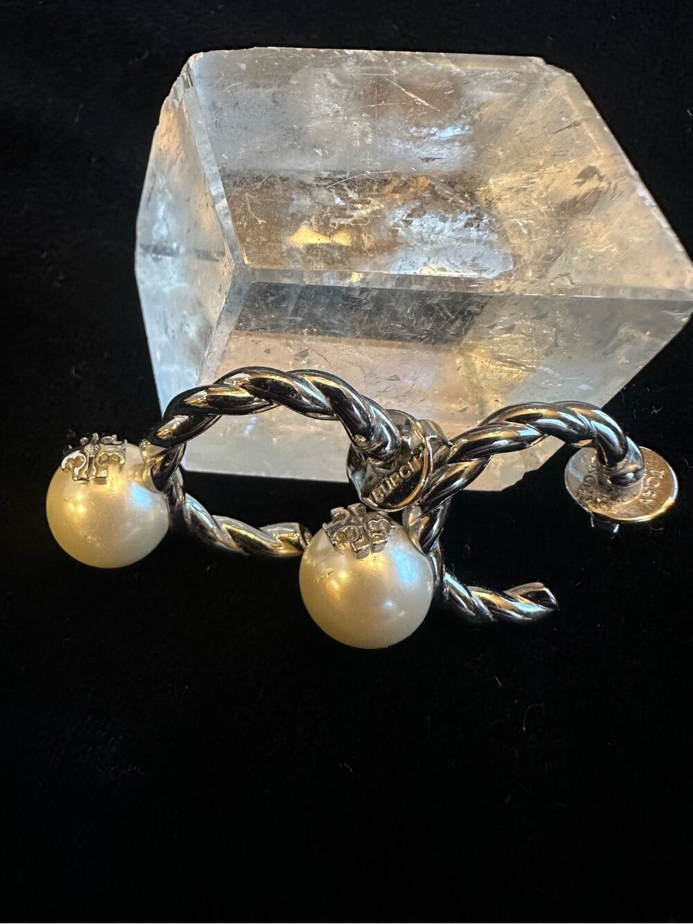 Tory Burch twisted silver hoop with pearl drop